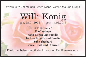 Traueranzeige von Willi König von WVG - Wochenspiegel Bitterfeld