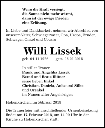 Traueranzeige von Willi Lissek von Mitteldeutsche Zeitung Zeitz