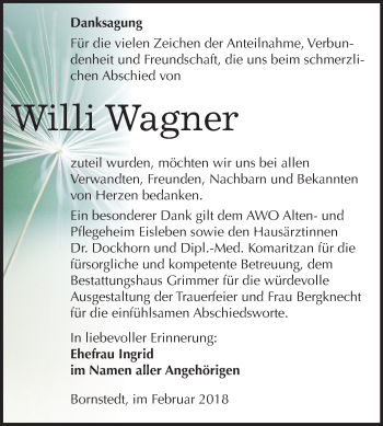 Traueranzeige von Willi Wagner von Mitteldeutsche Zeitung