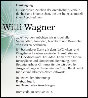 Traueranzeige von Willi Wagner von Super Sonntag SGH Mansf. Land