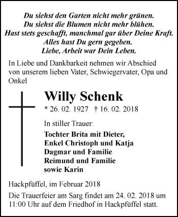 Traueranzeige von Willy Schenk von Mitteldeutsche Zeitung Sangerhausen