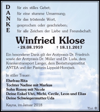 Traueranzeige von Winfried Klose von Super Sonntag Zeitz