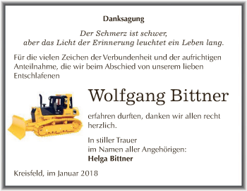Traueranzeige von Wolfgang Bittner von Wochenspiegel Mansfelder Land