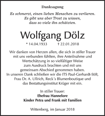 Traueranzeige von Wolfgang Dölz von WVG - Wochenspiegel Wittenberg