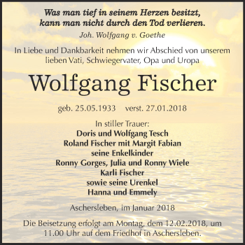 Traueranzeige von Wolfgang Fischer von Super Sonntag Aschersleben