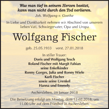 Traueranzeige von Wolfgang Fischer von Mitteldeutsche Zeitung Aschersleben