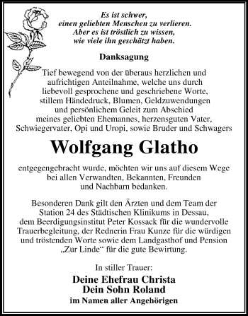 Traueranzeige von Wolfgang Glatho von Mitteldeutsche Zeitung Dessau-Roßlau