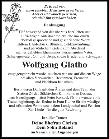 Traueranzeige von Wolfgang Glatho von WVG - Wochenspiegel Dessau / Köthen