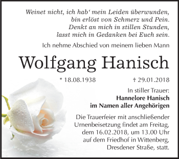 Traueranzeige von Wolfgang Hanisch von Mitteldeutsche Zeitung