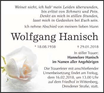 Traueranzeige von Wolfgang Hanisch von WVG - Wochenspiegel Wittenberg