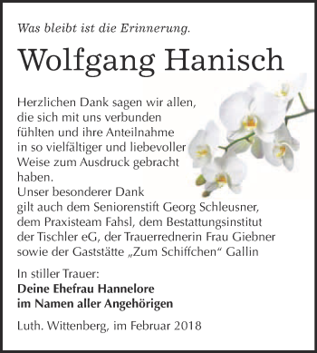 Traueranzeige von Wolfgang Hanisch von WVG - Wochenspiegel Wittenberg