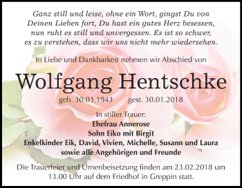 Traueranzeige von Wolfgang Hentschke von Mitteldeutsche Zeitung Bitterfeld