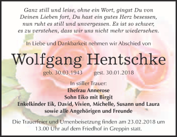 Traueranzeige von Wolfgang Hentschke von WVG - Wochenspiegel Bitterfeld