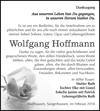Traueranzeige von Wolfgang Hoffmann von Super Sonntag SGH Mansf. Land