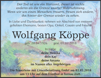 Traueranzeige von Wolfgang Köppe von WVG - Wochenspiegel Bitterfeld
