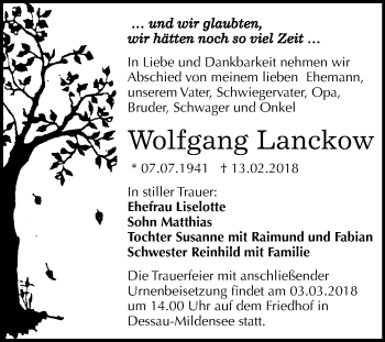 Traueranzeige von Wolfgang Lanckow von Mitteldeutsche Zeitung Dessau-Roßlau