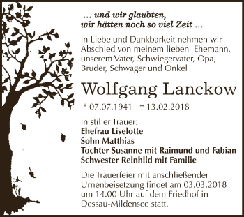 Traueranzeige von Wolfgang Lanckow von WVG - Wochenspiegel Dessau / Köthen