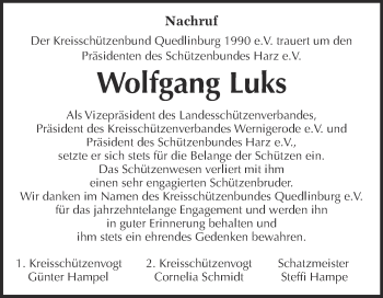 Traueranzeige von Wolfgang Luks von Super Sonntag Quedlinburg