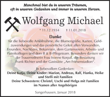 Traueranzeige von Wolfgang Michael von Super Sonntag SGH Mansf. Land