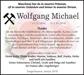 Traueranzeige von Wolfgang Michael von Mitteldeutsche Zeitung Sangerhausen