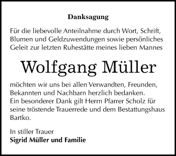 Traueranzeige von Wolfgang Müller von Mitteldeutsche Zeitung Köthen