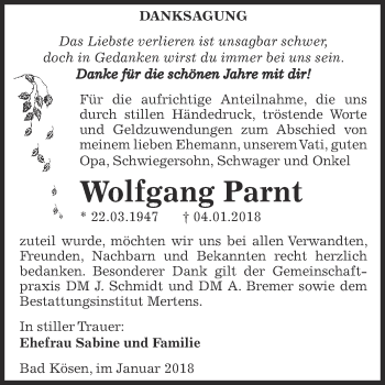 Traueranzeige von Wolfgang Parnt von WVG - Wochenspiegel NMB / WSF / ZTZ