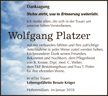 Traueranzeige von Wolfgang Platzer von WVG - Wochenspiegel NMB / WSF / ZTZ