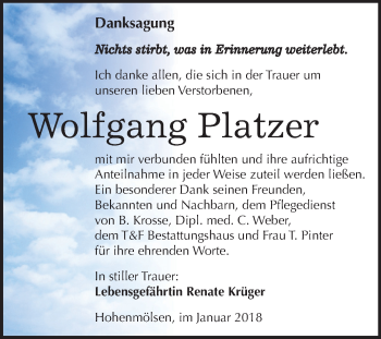 Traueranzeige von Wolfgang Platzer von Mitteldeutsche Zeitung Weißenfels