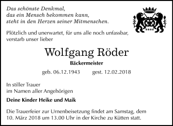 Traueranzeige von Wolfgang Röder von Mitteldeutsche Zeitung Halle/Saalkreis