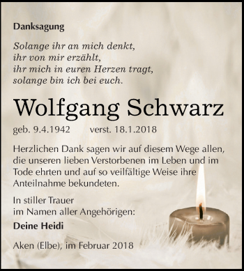 Traueranzeige von Wolfgang Schwarz von WVG - Wochenspiegel Dessau / Köthen