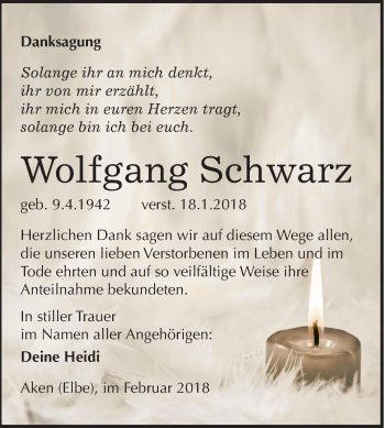 Traueranzeige von Wolfgang Schwarz von Mitteldeutsche Zeitung Köthen