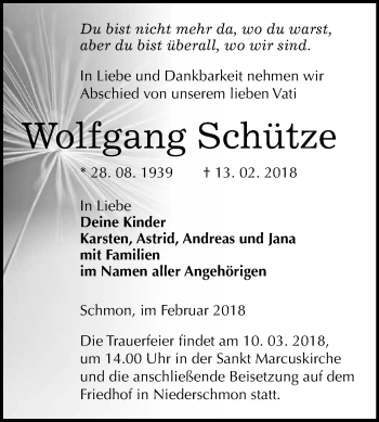 Traueranzeige von Wolfgang Schütze von WVG - Wochenspiegel Merseburg