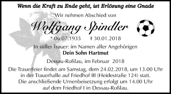 Traueranzeige von Wolfgang Spindler von Mitteldeutsche Zeitung Dessau-Roßlau