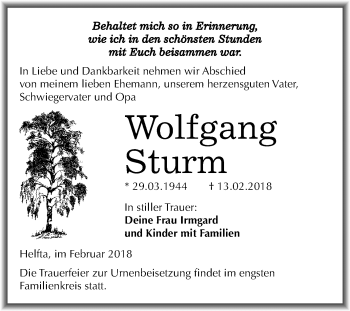 Traueranzeige von Wolfgang Sturm von Mitteldeutsche Zeitung