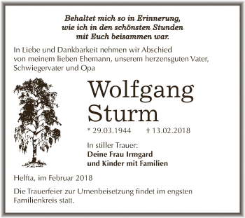 Traueranzeige von Wolfgang Sturm von Wochenspiegel Mansfelder Land