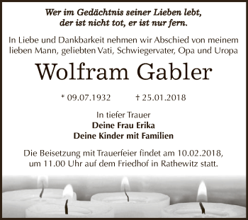Traueranzeige von Wolfram Gabler von WVG - Wochenspiegel NMB / WSF / ZTZ