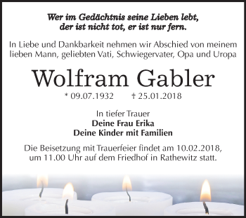 Traueranzeige von Wolfram Gabler von Mitteldeutsche Zeitung Weißenfels