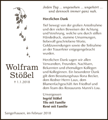Traueranzeige von Wolfram Stößel von Super Sonntag SGH Mansf. Land