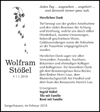 Traueranzeige von Wolfram Stößel von Mitteldeutsche Zeitung Sangerhausen