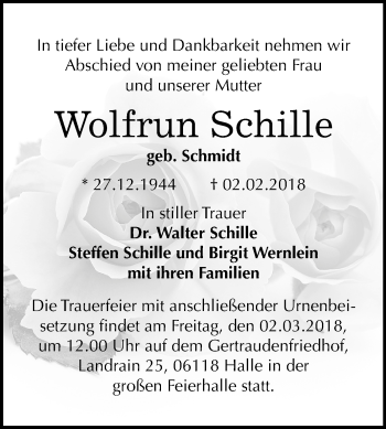 Traueranzeige von Wolfrun Schille von Mitteldeutsche Zeitung Halle/Saalkreis