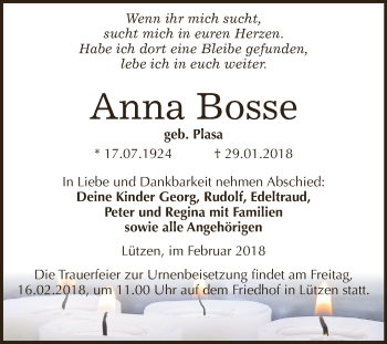 Traueranzeige von Anna Bosse von Mitteldeutsche Zeitung Weißenfels