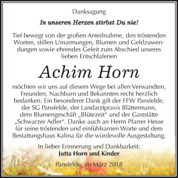 Traueranzeige von Achim Horn von WVG - Wochenspiegel Quedlinburg