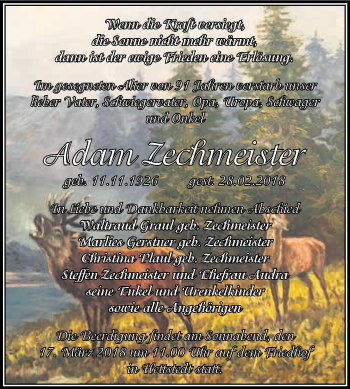 Traueranzeige von Adam Zechmeister von Super Sonntag SGH Mansf. Land