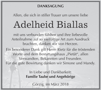 Traueranzeige von Adelheid Biallas von WVG - Wochenspiegel Dessau / Köthen