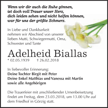 Traueranzeige von Adelheid Biallas von WVG - Wochenspiegel Dessau / Köthen