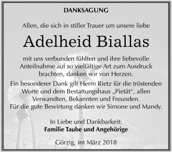 Traueranzeige von Adelheid Biallas von Mitteldeutsche Zeitung Köthen