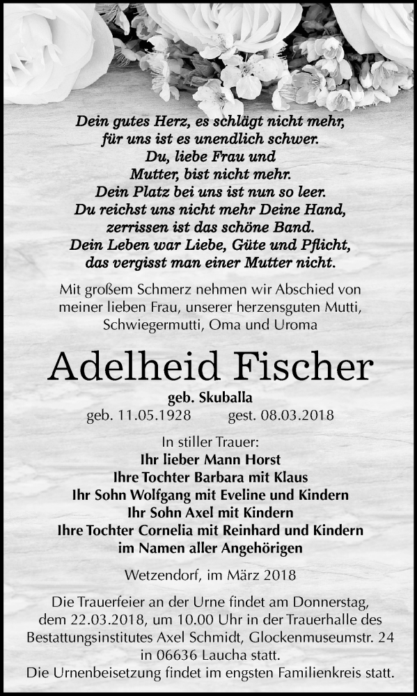  Traueranzeige für Adelheid Fischer vom 10.03.2018 aus Mitteldeutsche Zeitung