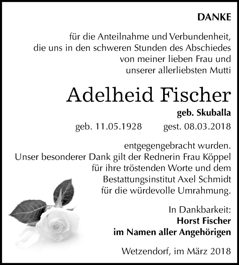  Traueranzeige für Adelheid Fischer vom 29.03.2018 aus Mitteldeutsche Zeitung