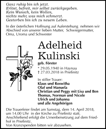 Traueranzeige von Adelheid Kulinski von Mitteldeutsche Zeitung