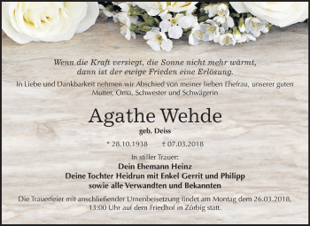 Traueranzeige von Agathe Wehde von Mitteldeutsche Zeitung Bitterfeld